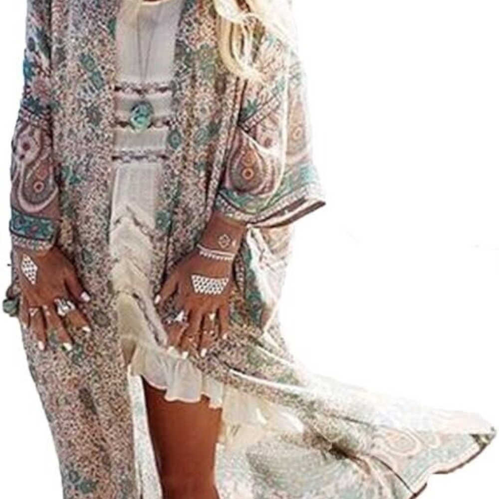 New Retro Vintage Floral Sheer Chiffon Kimono Gypsy Robe Duster beach coverup - Picture 5 of 5